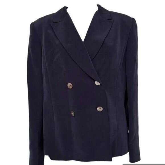 Jackets & Blazers - Vintage Navy Double Breasted Blazer Size 10 100% Silk Office Business